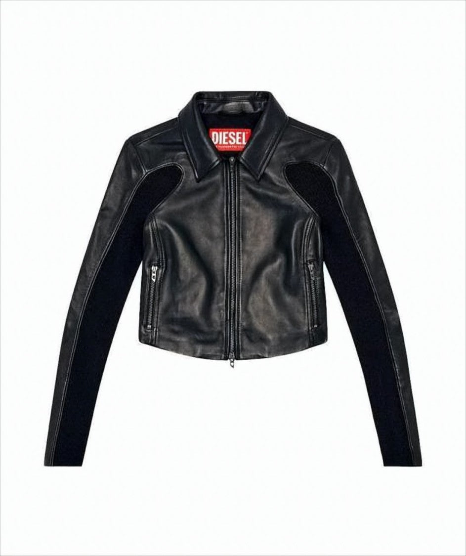 Diesel Cropped Leather Jacket With Classic Collar