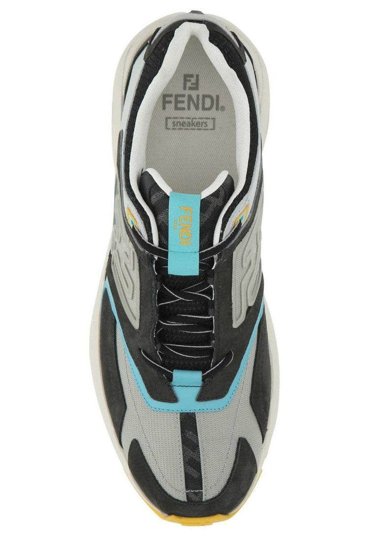 Fendi Layered Grey Calf Leather Sneakers With Textured Panels