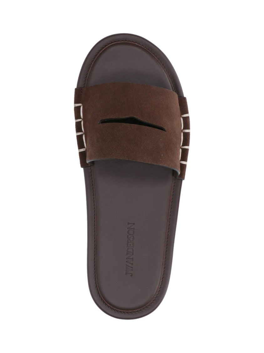 J. W. Anderson Dark Brown Calf Leather Open-Toe Slides With Contrasting Stitching
