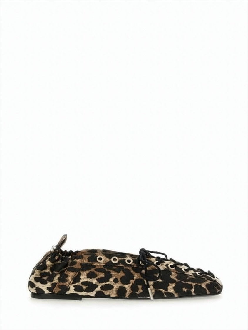 Ganni Leopard Print Lace-Up Flat Shoes With Gathered Back