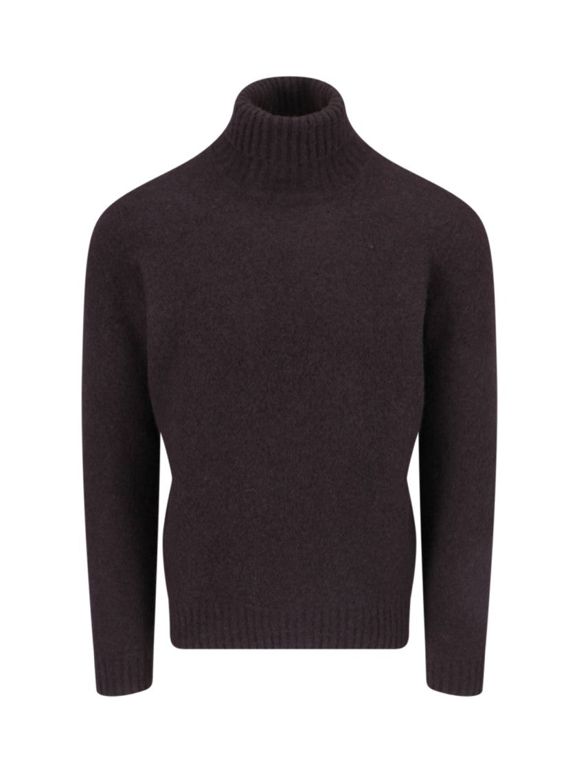 Drumohr Turtleneck Sweater In Brown Wool Ribbed Trim