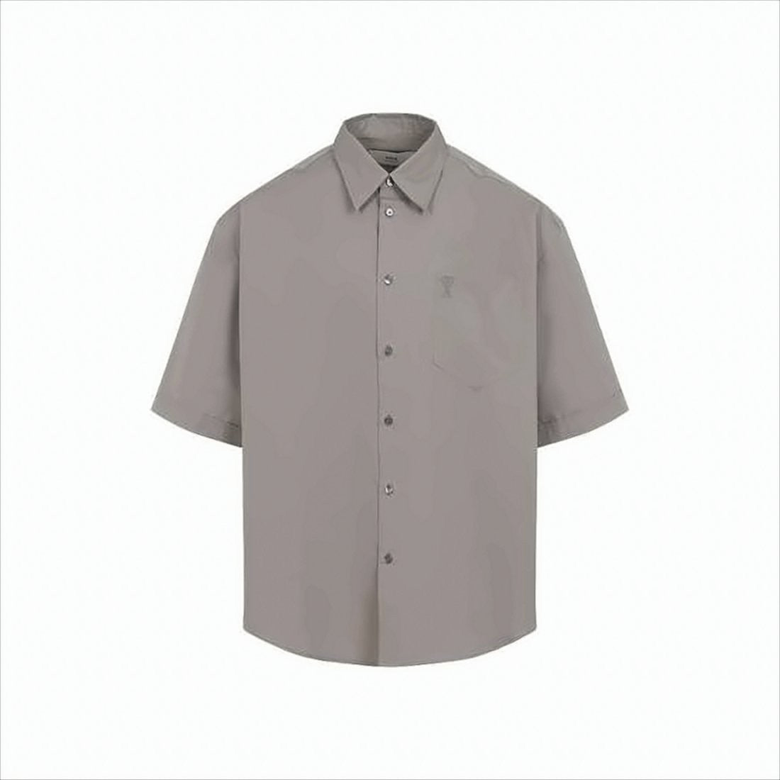 Ami Short-Sleeve Grey Classic Cotton Shirt With Embroidered Detail