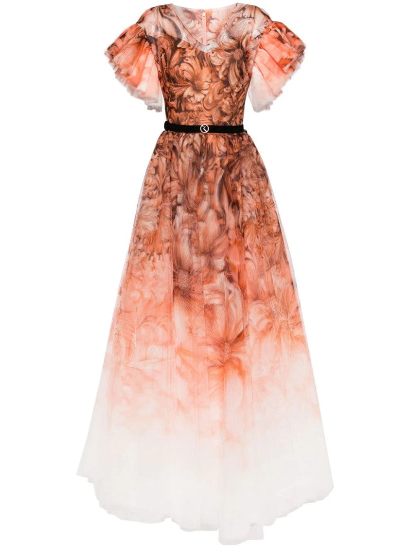Saiid Kobeisy Tulle Printed Dress With Pleated Sleeves