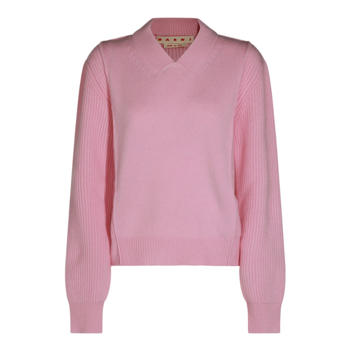 Marni Soft Pink V-Neck Sweater With Ribbed Knit Details
