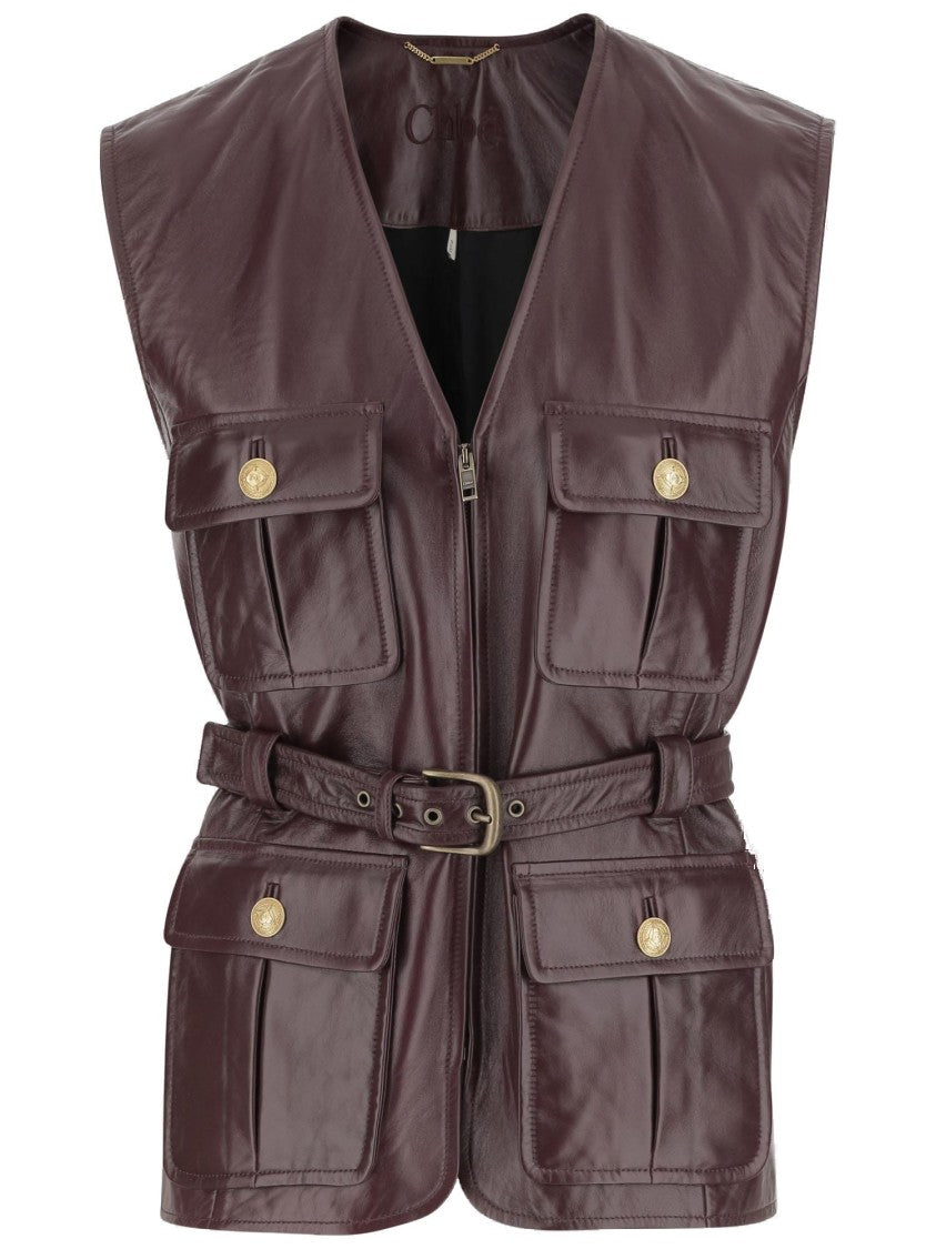 Chloé Leather Vest With Pockets And Belt