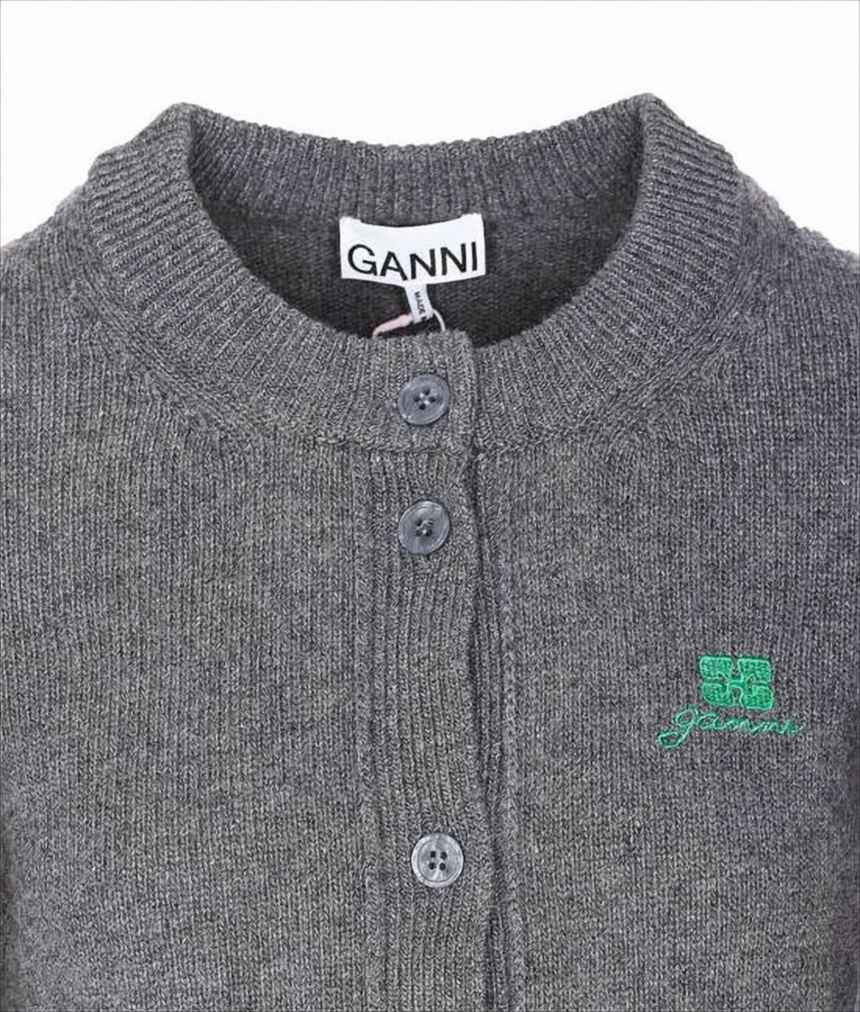 Ganni Textured Grey Knitted Cardigan With Button-Down Front