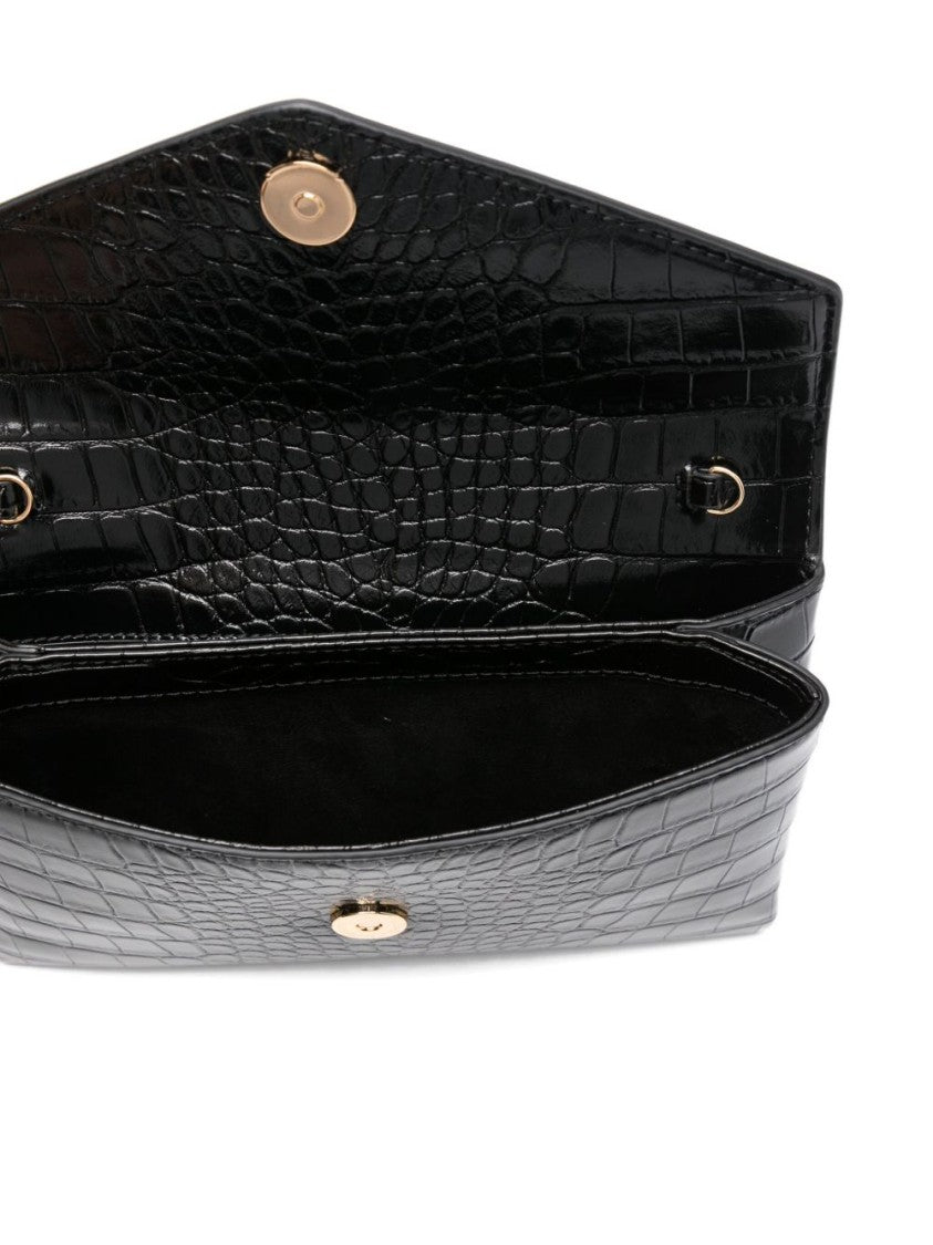 Elisabetta Franchi Glossy Black Crocodile-Embossed Clutch