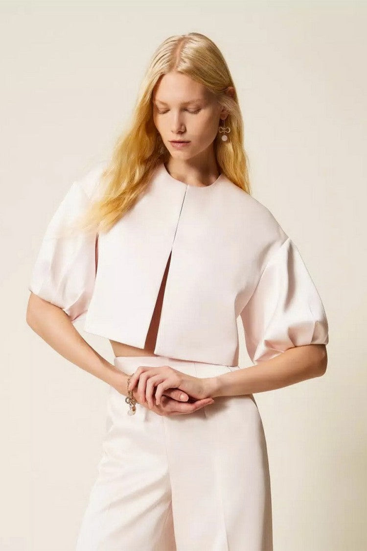 Twin-Set Sand Polyester-Viscose Cropped Balloon-Sleeve Jacket
