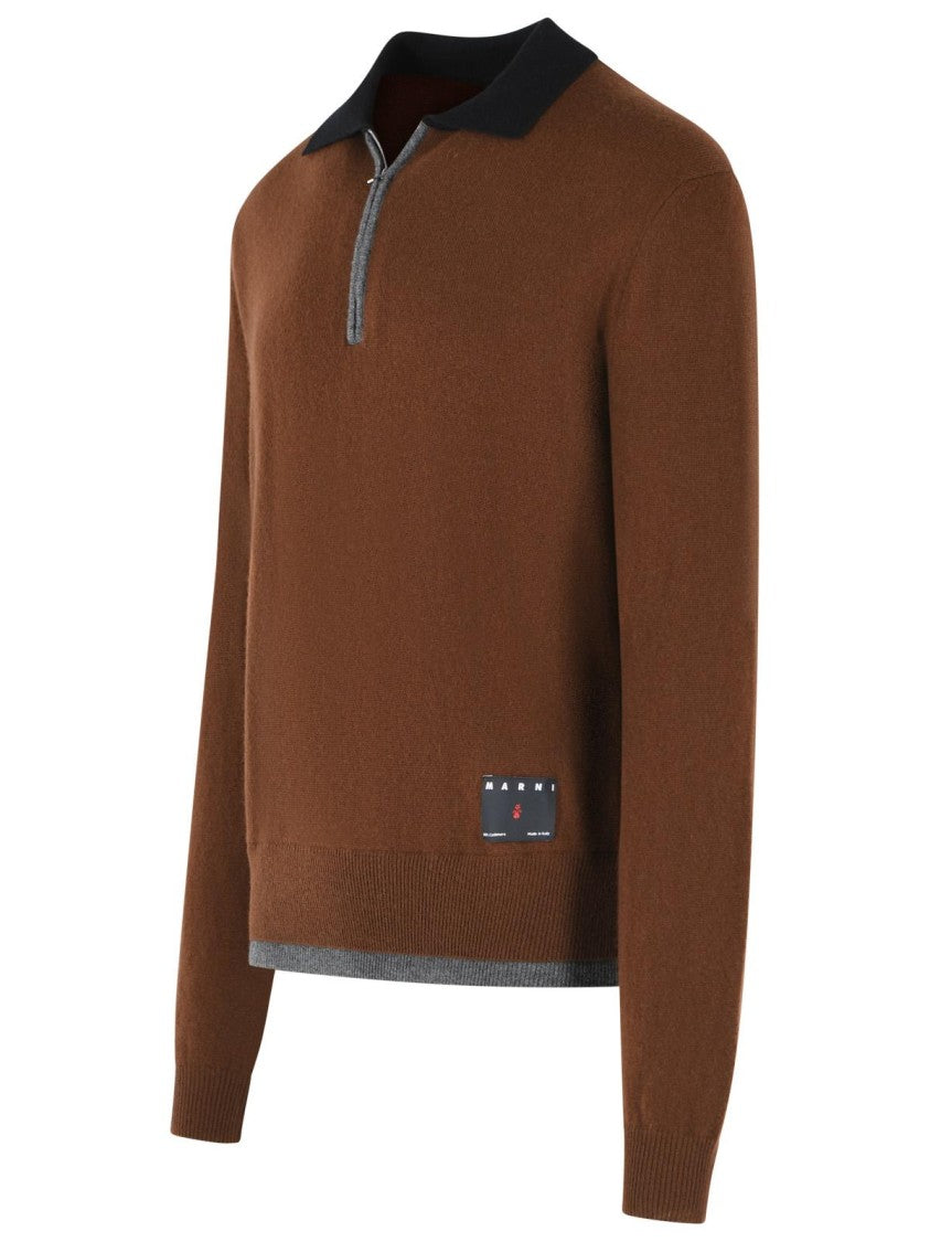 Marni Brown Cashmere Polo Shirt With Ribbed Collar