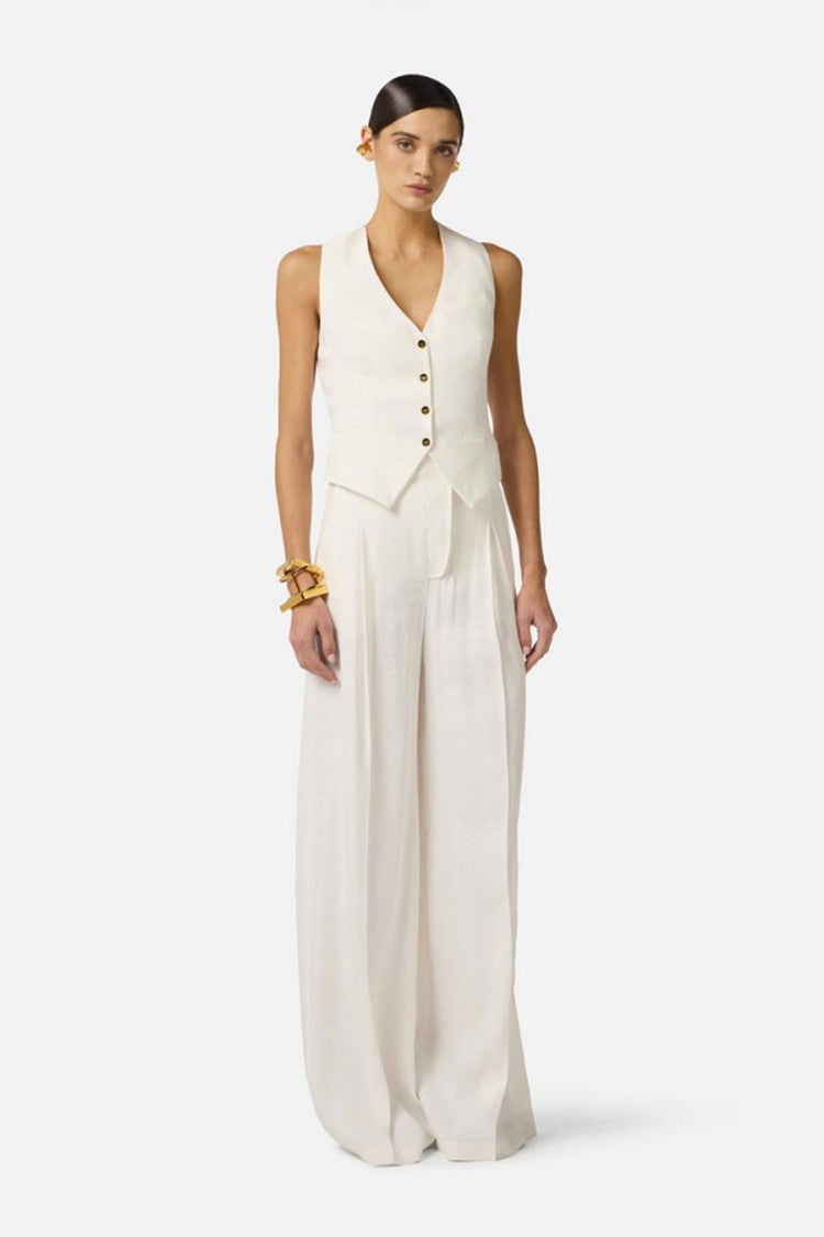 Elisabetta Franchi Ivory Cropped Sleeveless Gold Button Linen-Blend Waistcoat