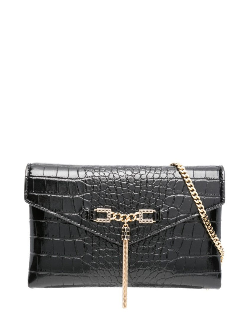Elisabetta Franchi Glossy Black Crocodile-Embossed Clutch