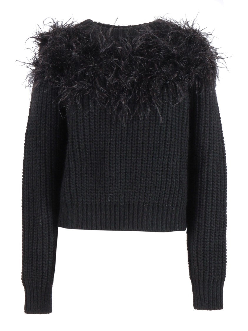 Shirt A Porter Cropped Black Knitted Sweater With Feather Detail