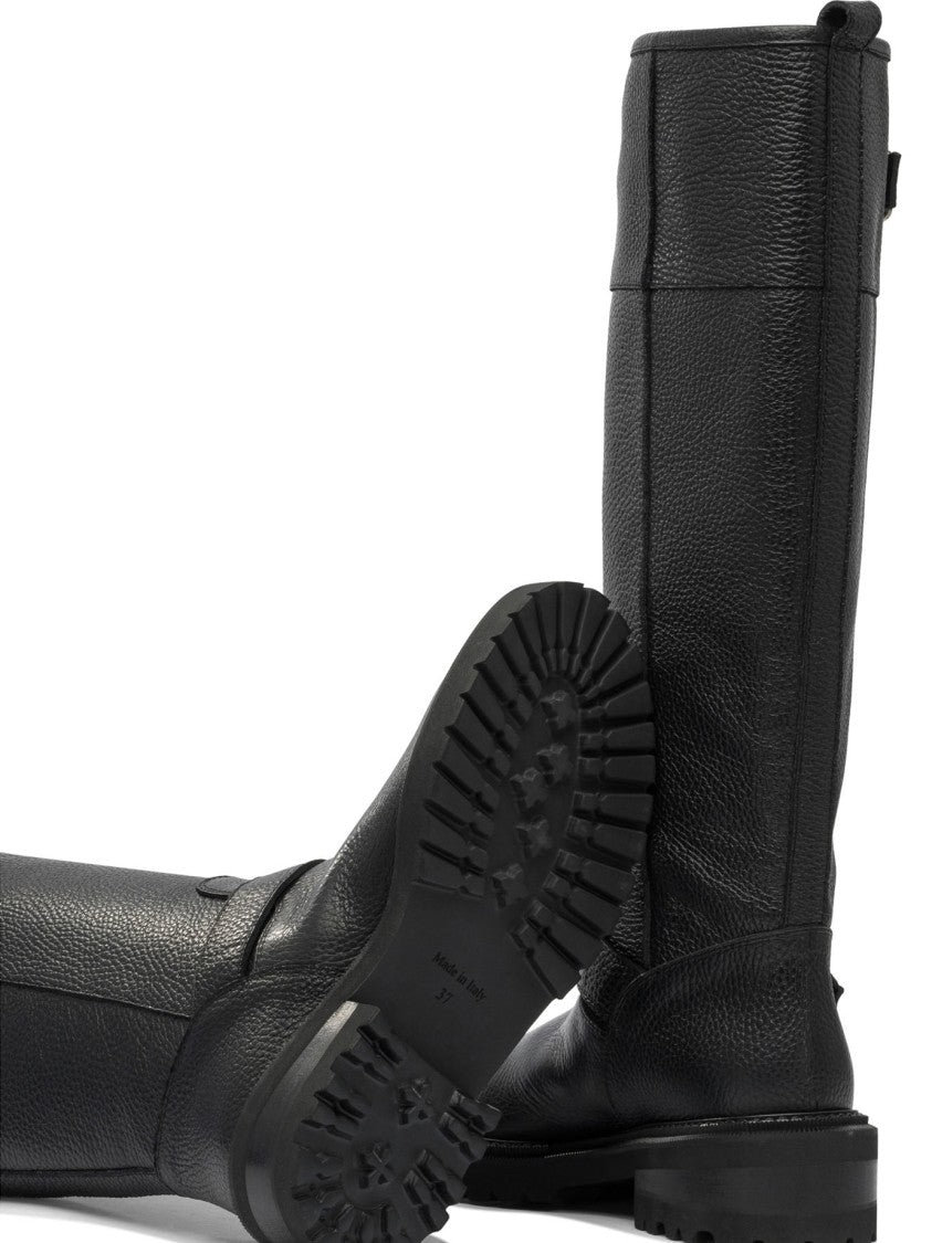 Via Roma 15 Textured Leather Tall Boots With Decorative Buckles