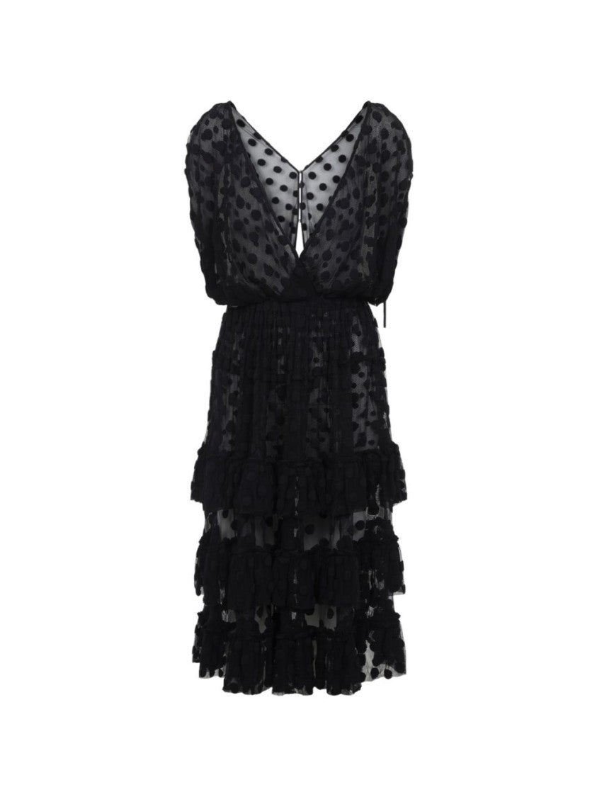 Dries Van Noten Black Polka Dot Ruffled Mesh Dress