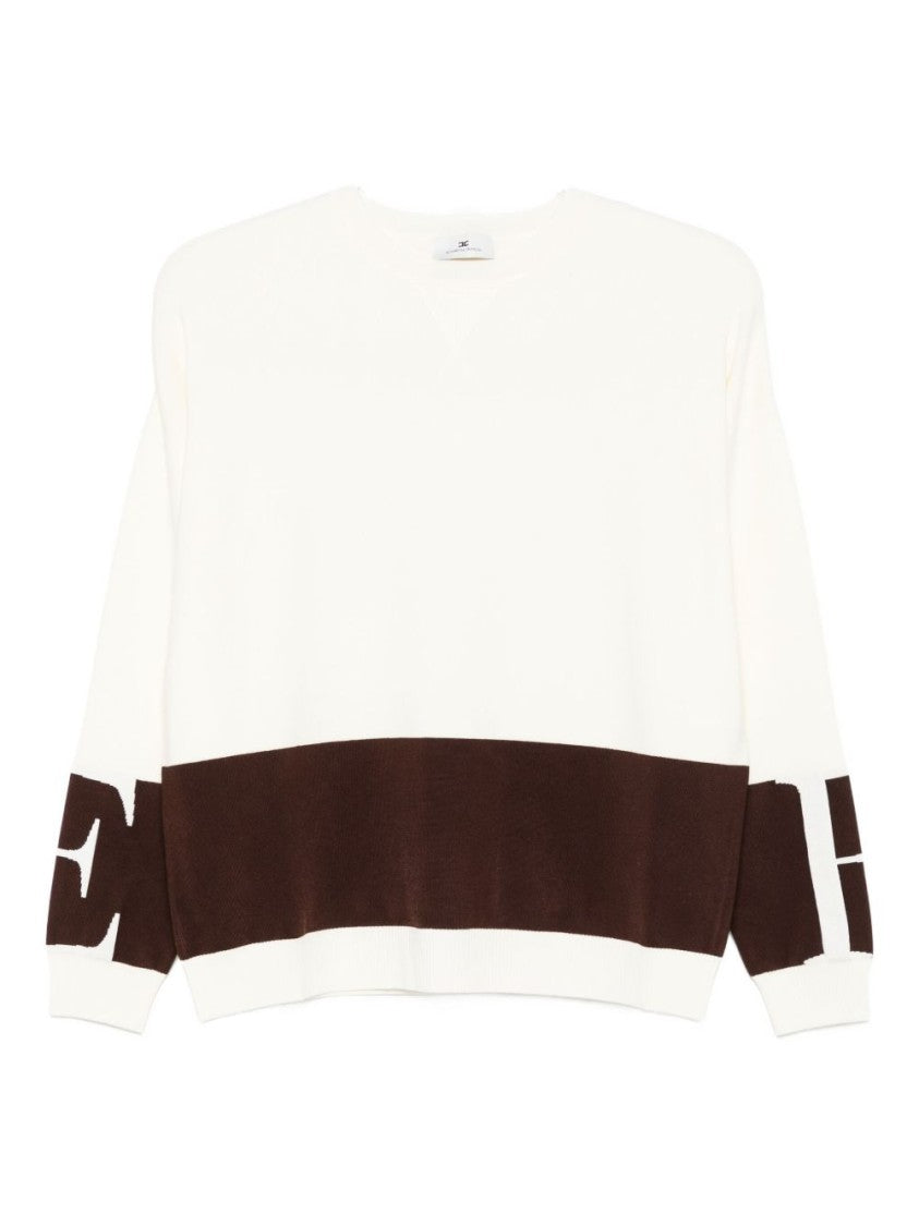 Elisabetta Franchi Lightweight White Sweater With Brown Graphic Band