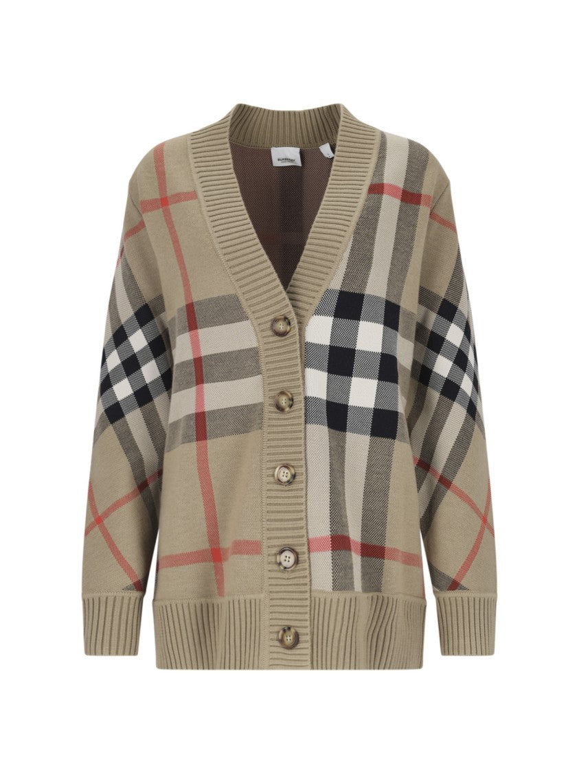 Burberry Beige Check Cardigan With Bold Stripe Detailing