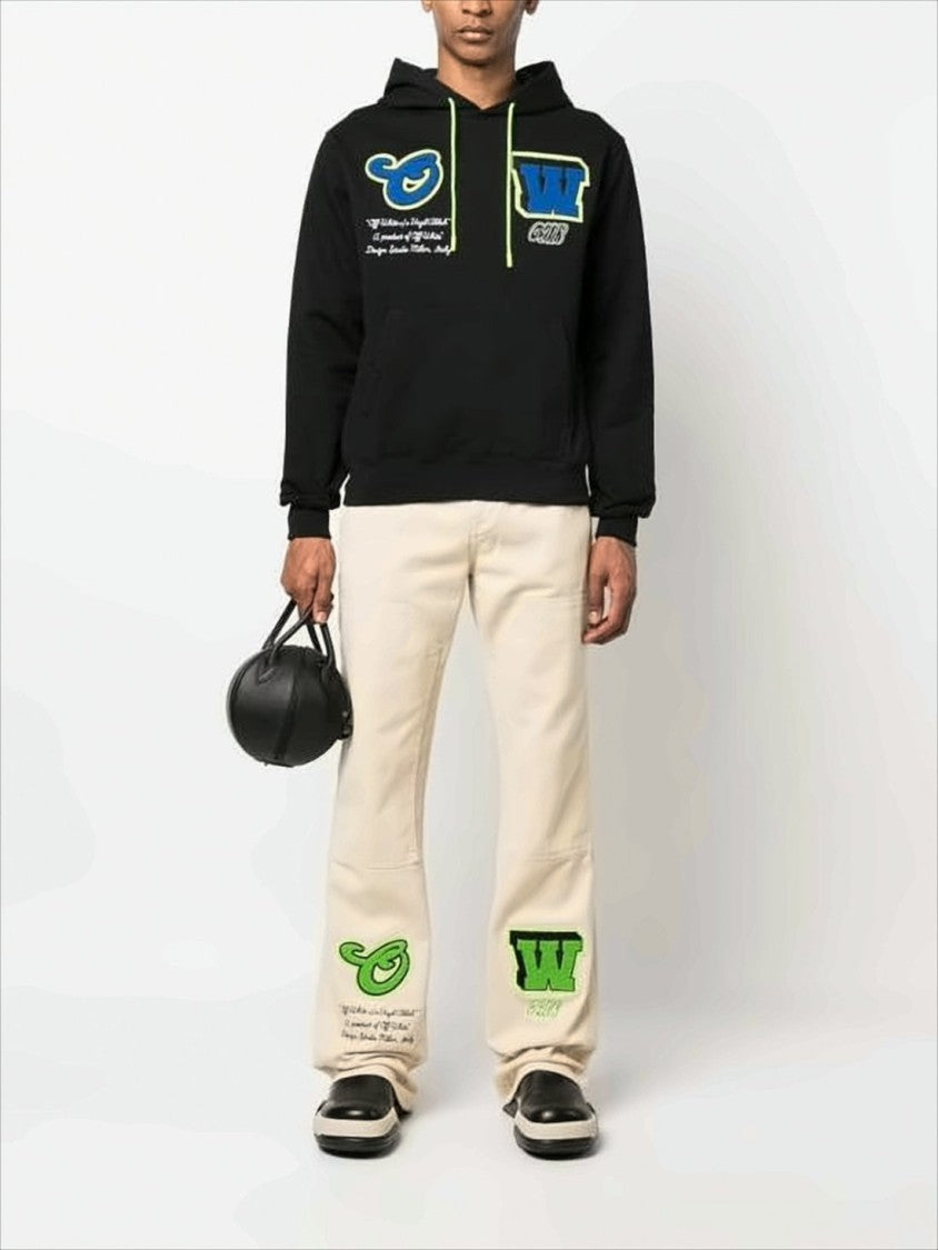 Off-White Black Cotton Hoodie With Neon Accents And Embroidered Details