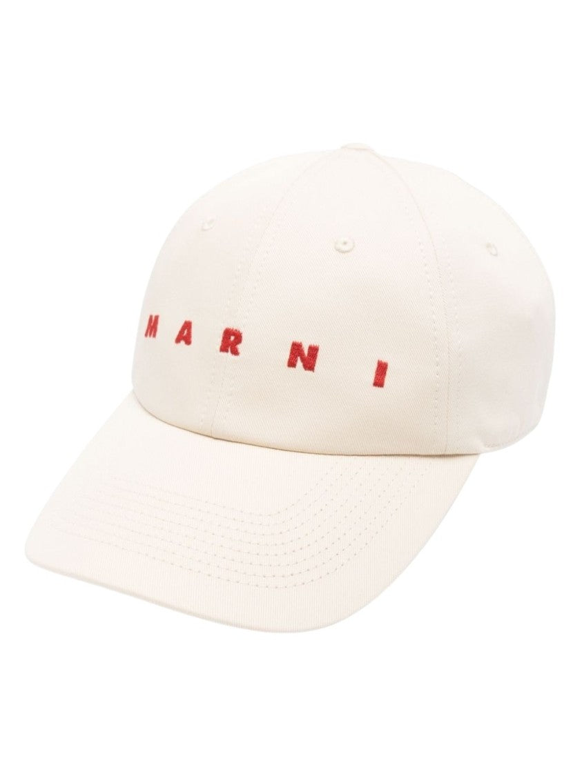 Marni White Cotton Gabardine Cap With Embroidered Logo
