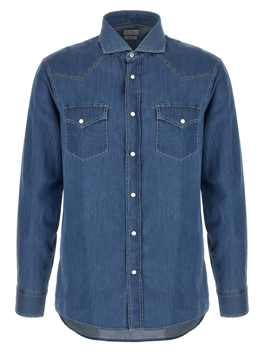 Brunello Cucinelli Texan Cotton Denim Shirt With Button Closure And Cuffed Sleeves