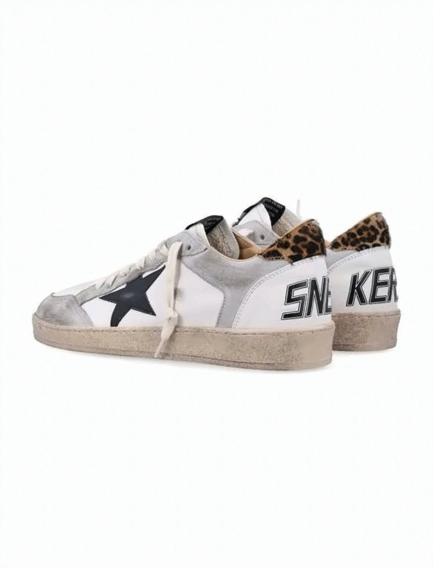 Golden Goose Distressed White Leather Sneakers With Grey Suede Overlays And Leopard Print Detail