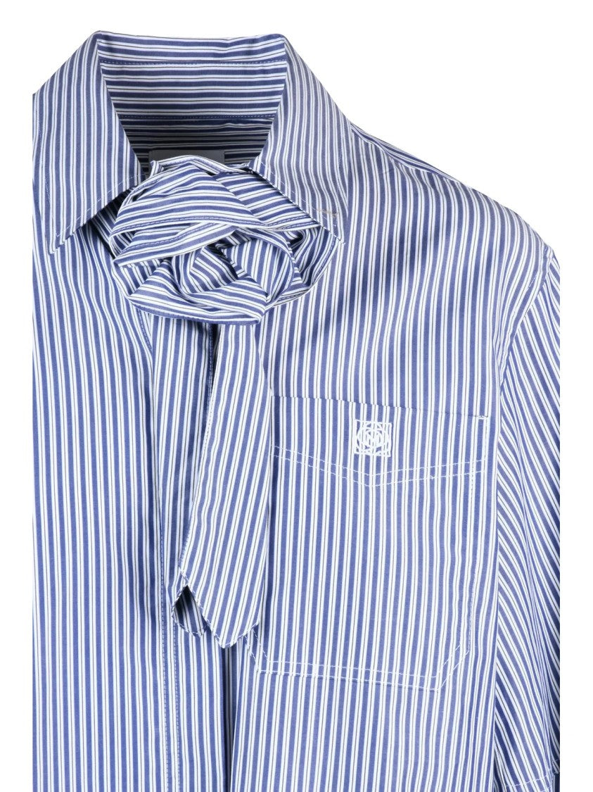 Marella Sport Blue And White Striped Cotton Sport Shirt With Tie Neck Detail