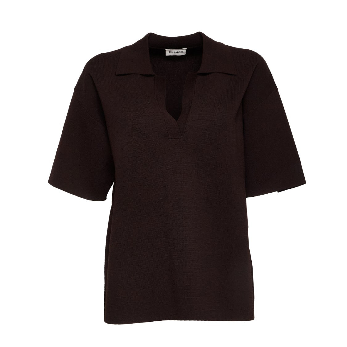 Parosh Brown Half Sleeve Top With Collar And V-Neckline