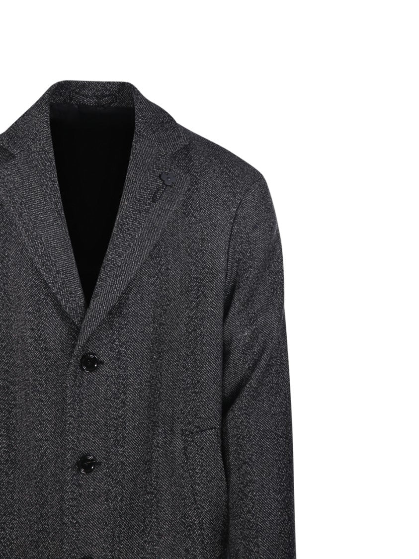 Lardini Grey Textured Wool Coat With Notched Lapel