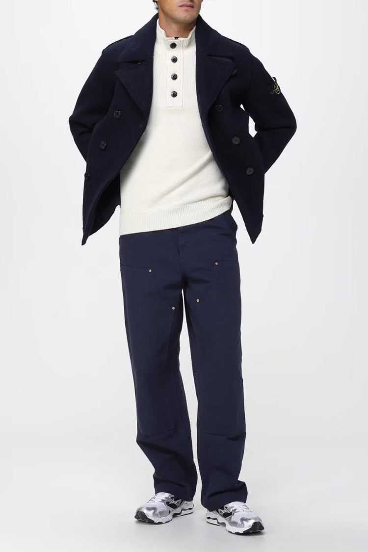 Stone Island Navy Virgin Wool Double-Breasted Peacoat