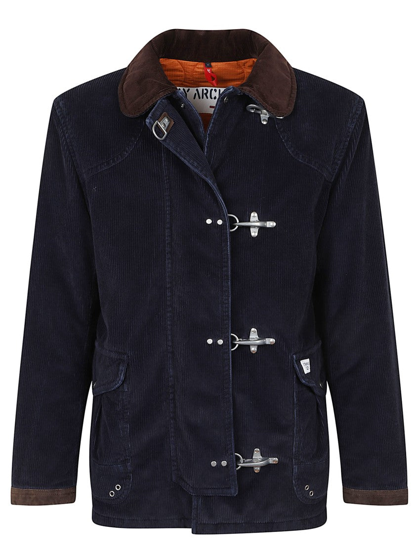 Fay Casual Blue Corduroy Jacket With Leather Cuffs And Iconic Hooks