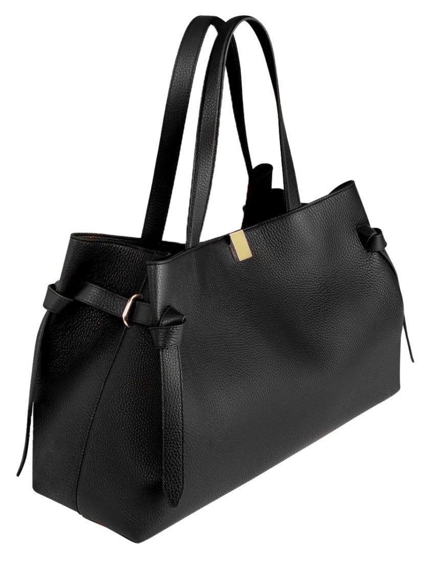 Yuzefi Sculpted Black Leather Tote Bag With Gold-Tone Clasp Detail