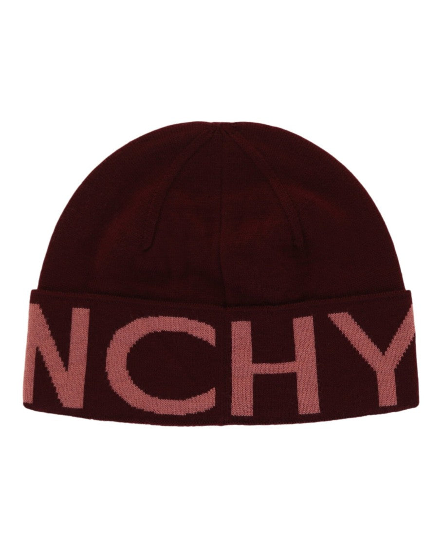 Givenchy Burgundy Jacquard Logo Beanie With Sophisticated Cuff Design