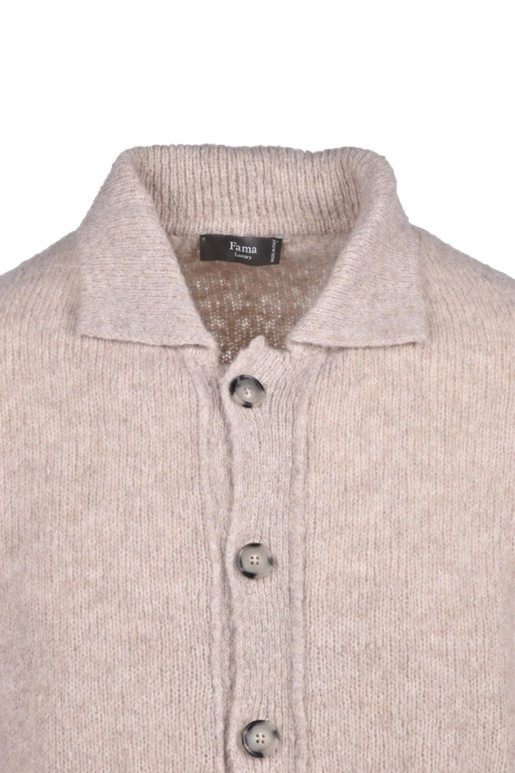 Fama Beige Button-Up Cardigan With Classic Collar