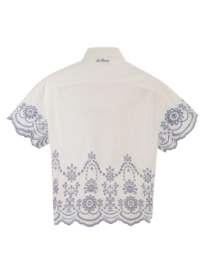 Mc2 Saint Barth White Floral-Embroidered Short-Sleeved Shirt