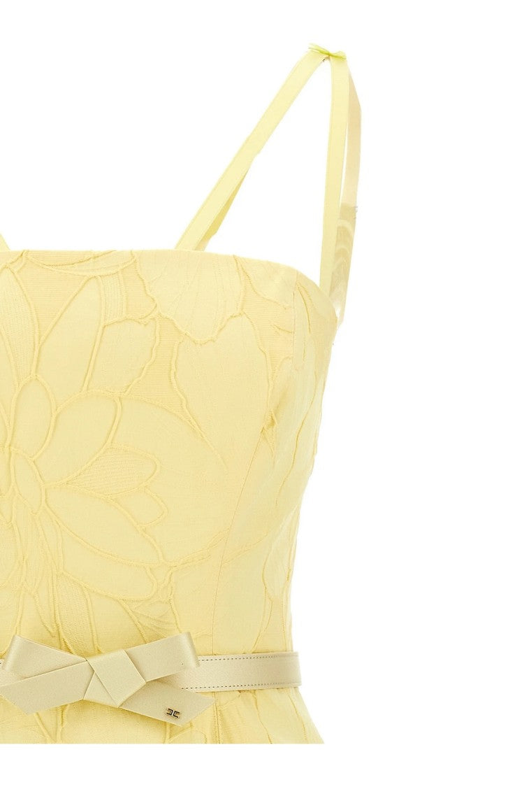 Elisabetta Franchi Yellow Floral Embossing Fitted Mini Dress