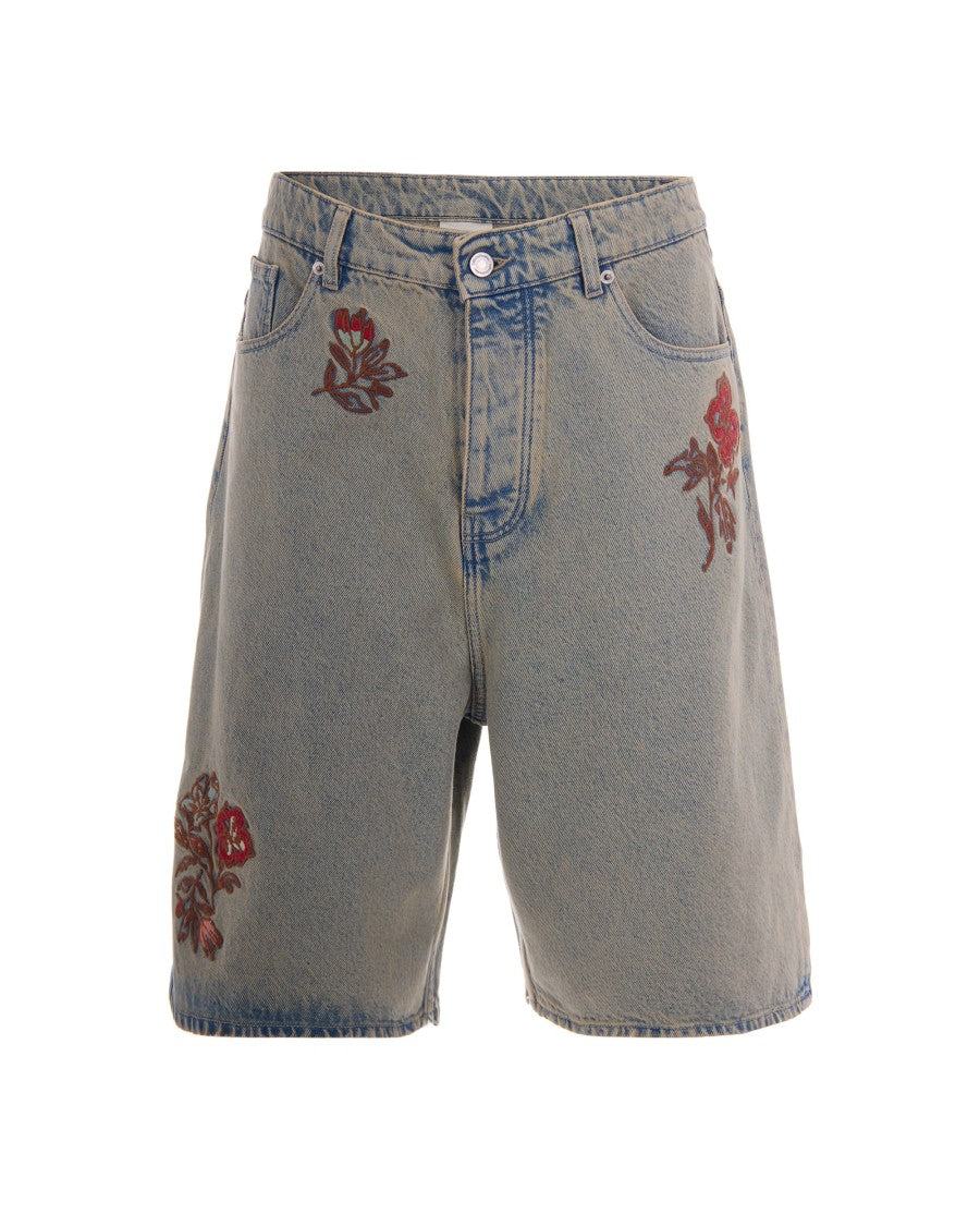 Drôle De Monsieur Oversized Denim Shorts With Floral Embroidery And Five Pockets
