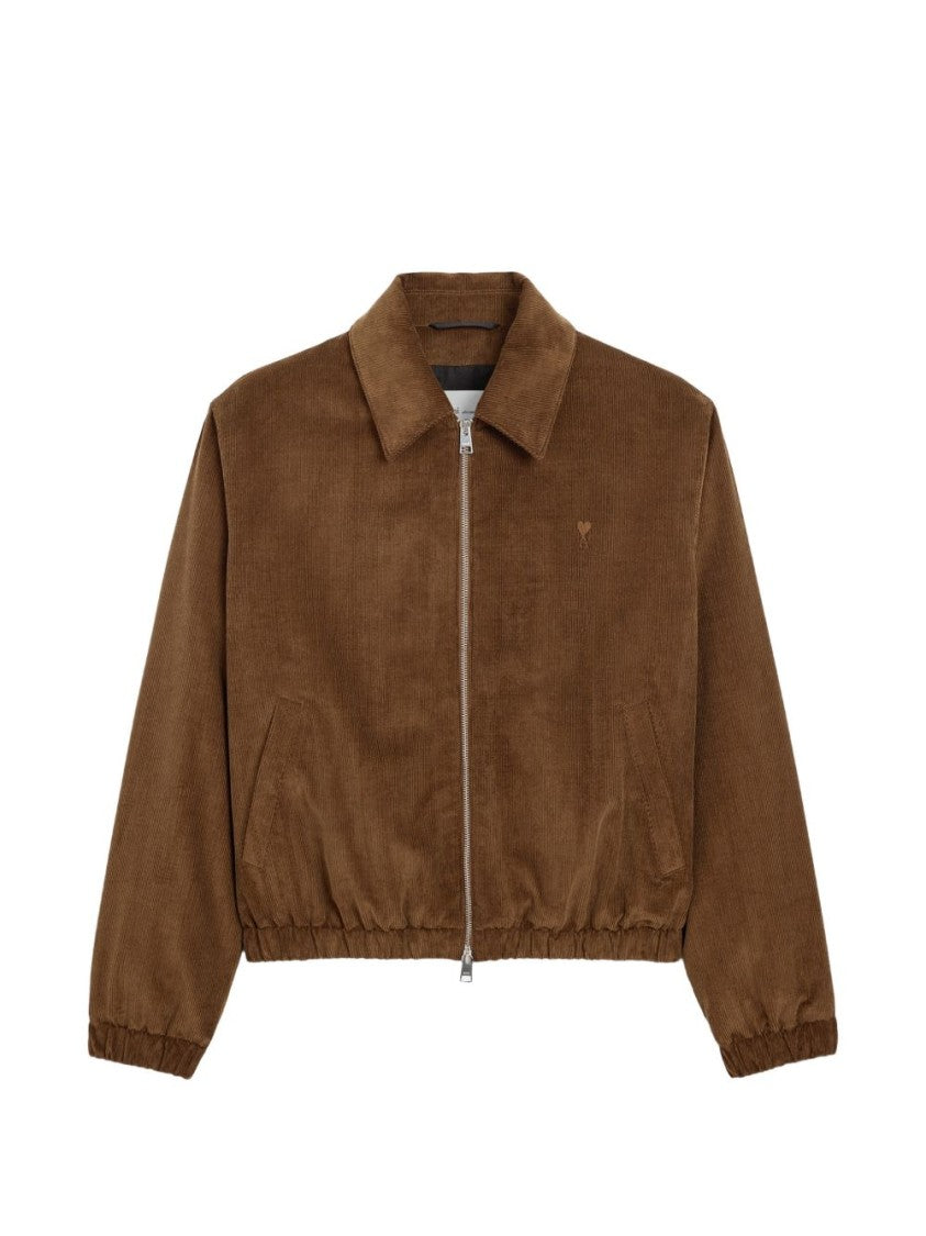Ami Paris Cropped Boxy Brown Corduroy Jacket With Embroidered Logo