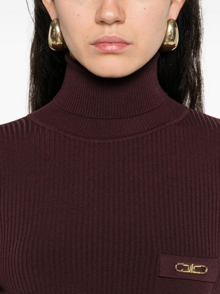 Elisabetta Franchi Bordeaux Fitted Sweater With Ribbed Texture
