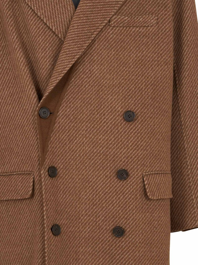 Emporio Armani Camel Double-Breasted Coat With Peak Lapels
