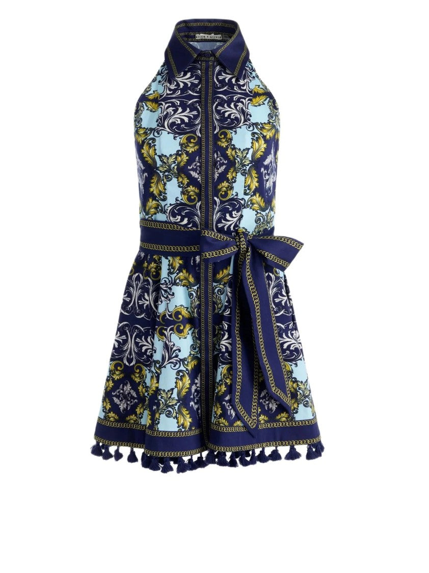 Alice Olivia By Stacey Bendet Blue Lucy Halterneck Cotton Mini Dress
