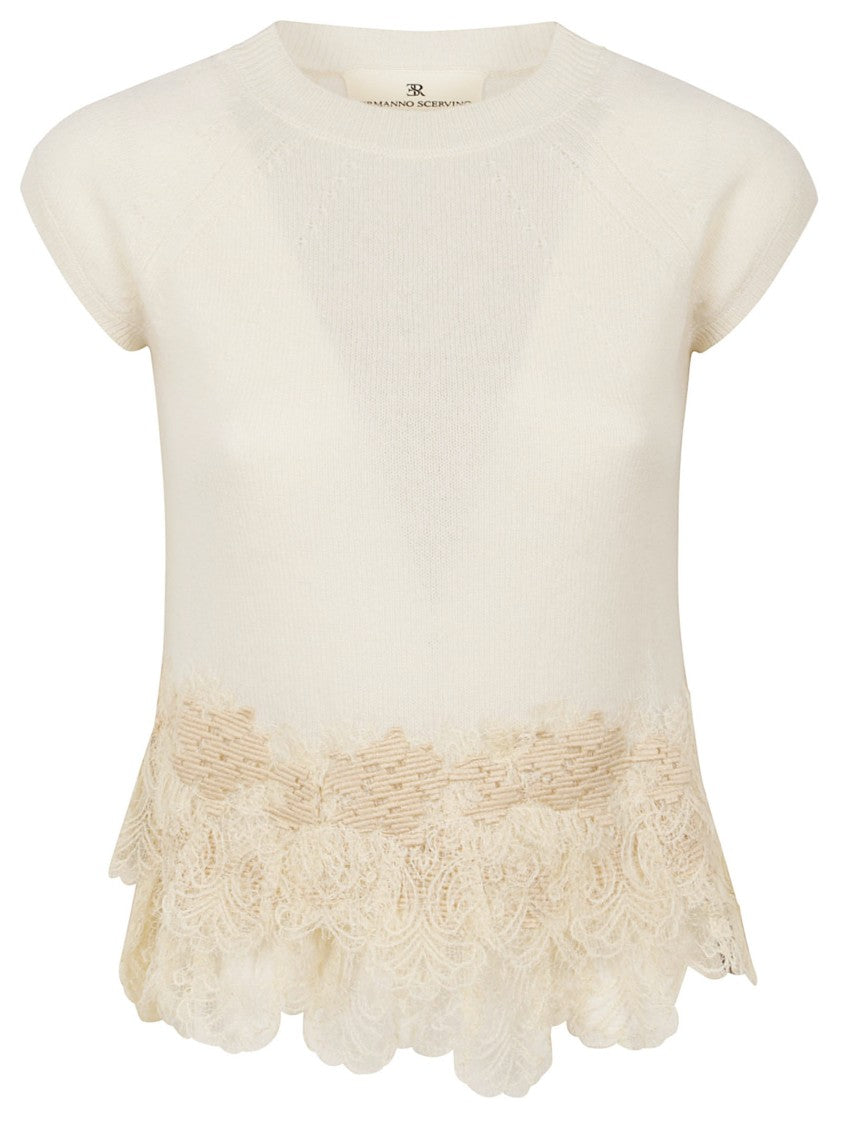 Ermanno Scervino Delicate Lace-Trimmed Knit Top With Cap Sleeves