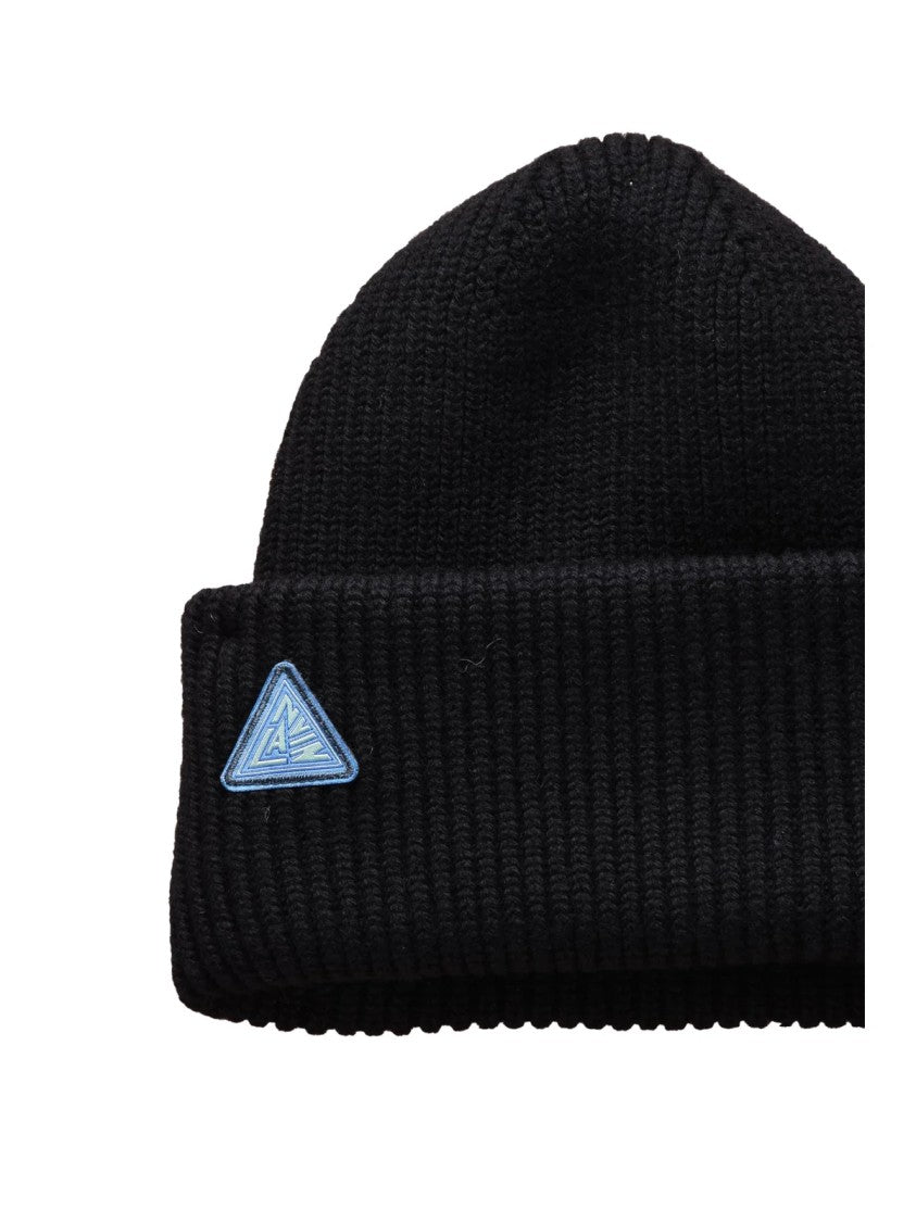 Lanvin Ribbed Knit Beanie With Folded Cuff And Triangular Patch Detail