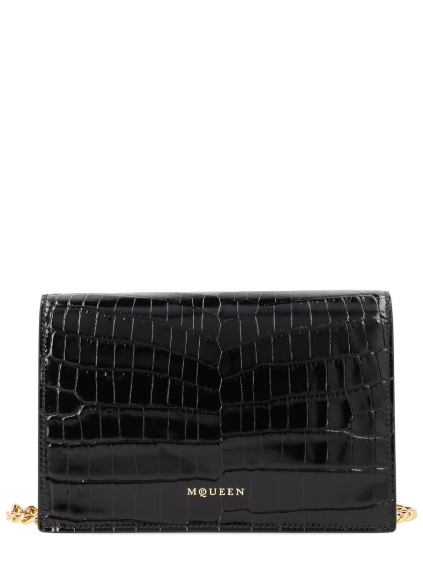 Alexander Mcqueen Black Small Skull Crocodile Embossed Shoulder Bag