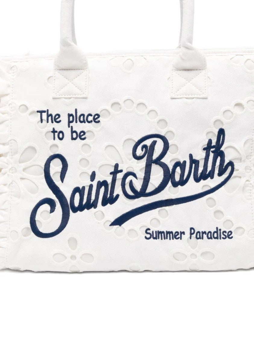 Mc2 Saint Barth White Floral Eyelet Embroidered Tote Bag