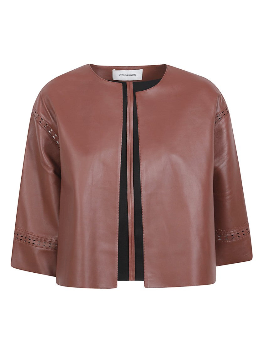 Yves Salomon Cropped Brown Lamb Leather Jacket With Cut-Out Detailing