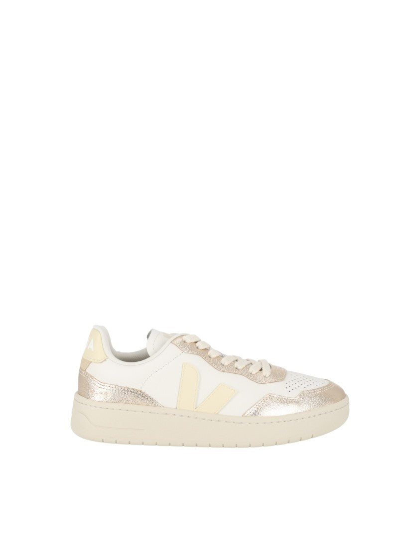 Veja White V-90 Metallic Accent Low-Top Sneakers