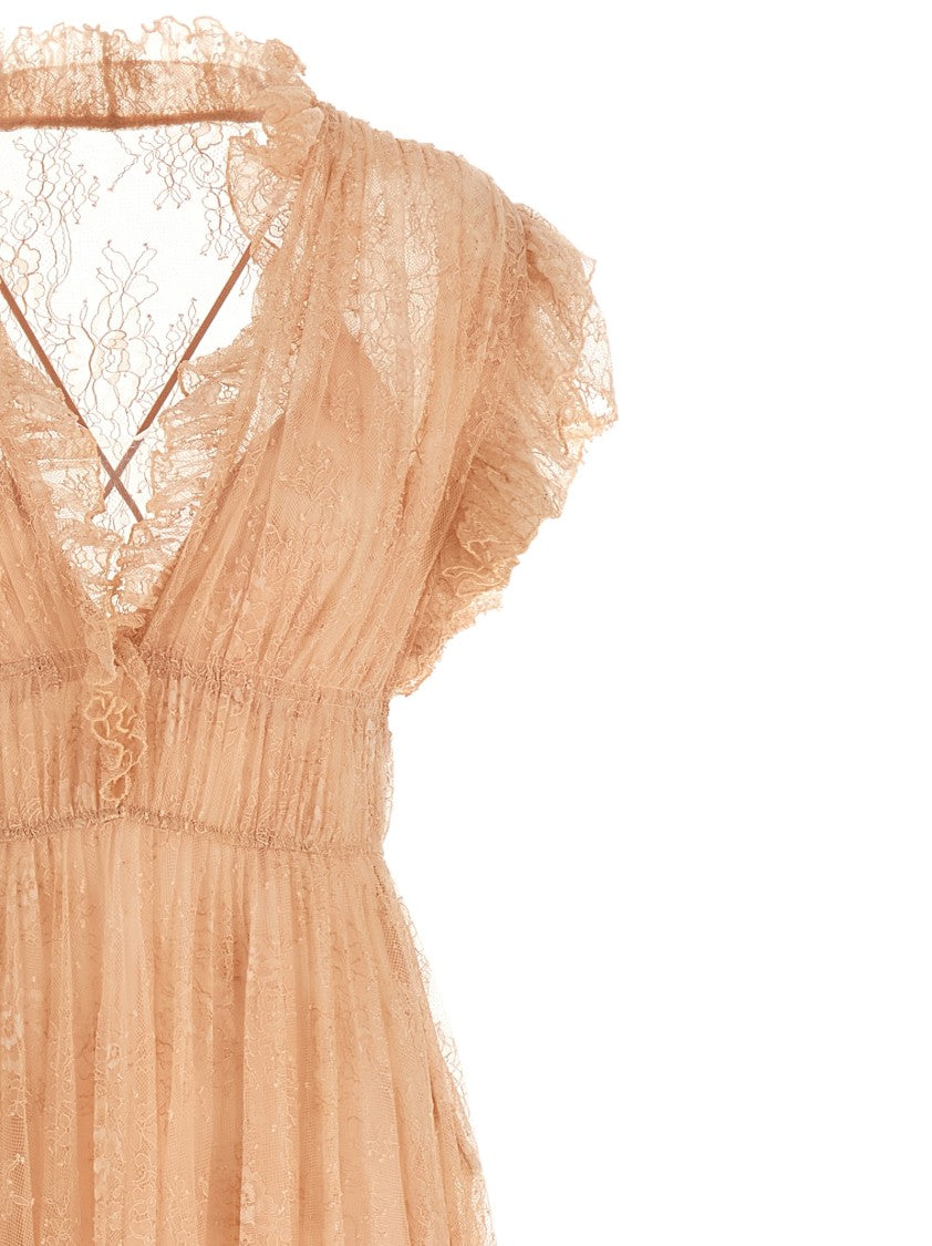 Alberta Ferretti Long Lace Dress With Ruffled V-Neckline