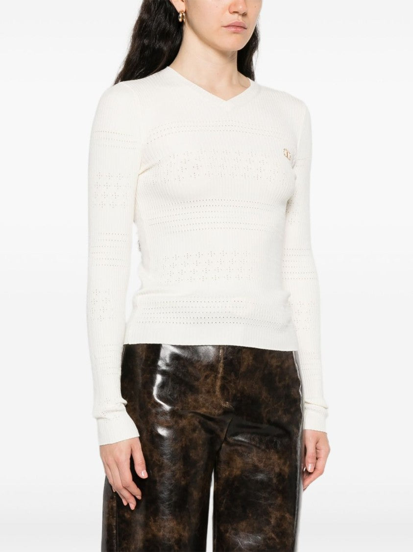 Twin-Set Pointelle-Knit Sweater With V-Neck