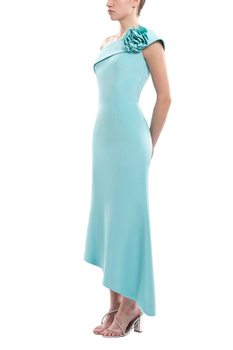 Saiid Kobeisy Asymmetrical Antigua Sand Midi Dress With Detachable Floral Embellishment