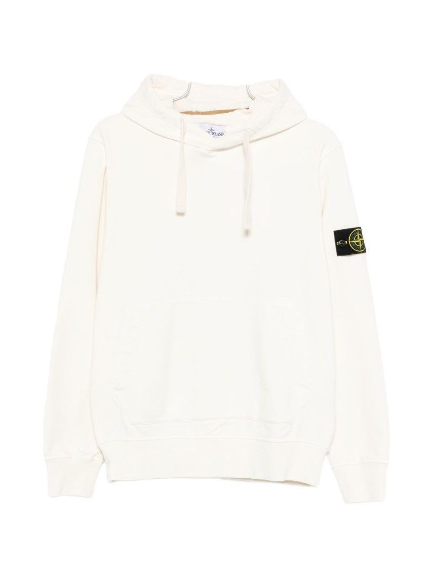 Stone Island Ivory Cotton Sweatshirt With Drawstring Hood And Iconic Patch