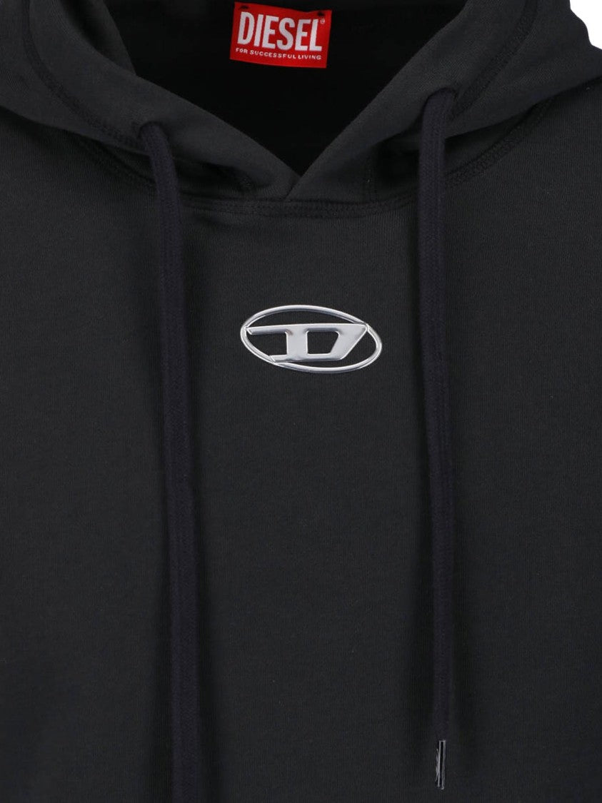 Diesel Cropped Black Hoodie With Kangaroo Pocket And Adjustable Drawstring